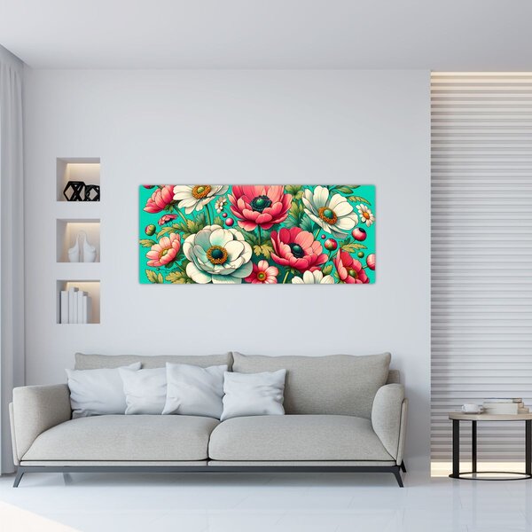Tablou - Flori pe fundal albastru (120x50 cm)