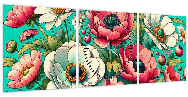 Tablou - Flori pe fundal albastru (cu ceas) (90x30 cm)
