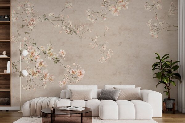 Tapet Ramuri florale delicate în stil chinoiserie pe un fundal deschis, Fototapet în stil vintage, w05427 : Uwalls.ro