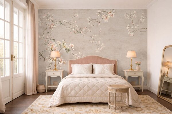 Tapet Ramuri florale delicate în stil chinoiserie pe un fundal deschis, Fototapet în stil vintage, w05427 : Uwalls.ro