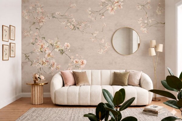 Tapet Ramuri florale delicate în stil chinoiserie pe un fundal deschis, Fototapet în stil vintage, w05427 : Uwalls.ro