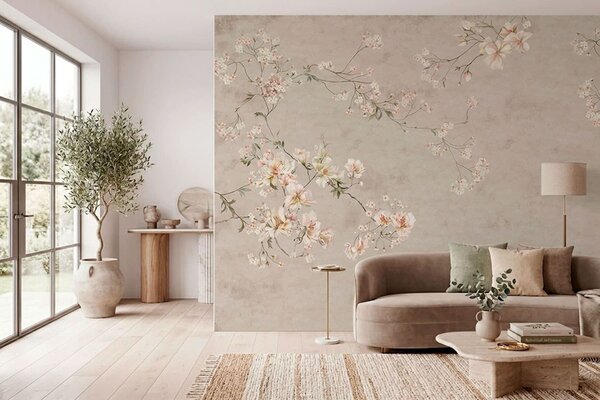 Tapet Ramuri florale delicate în stil chinoiserie pe un fundal deschis, Fototapet în stil vintage, w05427 : Uwalls.ro