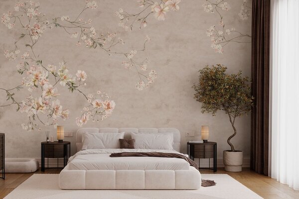 Tapet Ramuri florale delicate în stil chinoiserie pe un fundal deschis, Fototapet în stil vintage, w05427 : Uwalls.ro