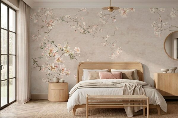 Tapet Ramuri florale delicate în stil chinoiserie pe un fundal deschis, Fototapet în stil vintage, w05427 : Uwalls.ro