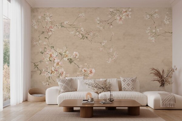 Tapet Ramuri florale în stil chinoiserie pe un fundal bej cald, Fototapet în stil vintage, w05427v2 : Uwalls.ro