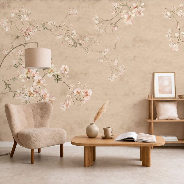 Tapet Ramuri florale în stil chinoiserie pe un fundal bej cald, Fototapet în stil vintage, w05427v2 : Uwalls.ro