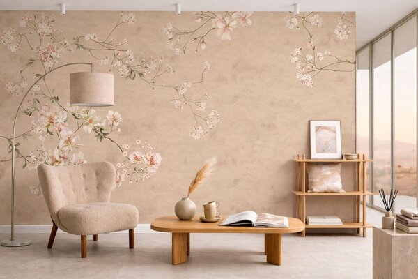 Tapet Ramuri florale în stil chinoiserie pe un fundal bej cald, Fototapet în stil vintage, w05427v2 : Uwalls.ro