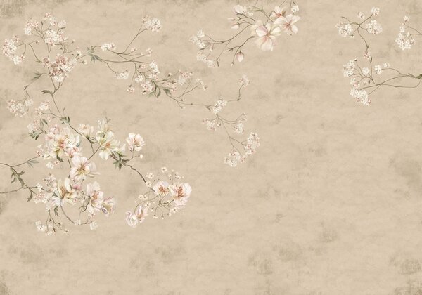 Tapet Ramuri florale în stil chinoiserie pe un fundal bej cald, Fototapet în stil vintage, w05427v2 : Uwalls.ro