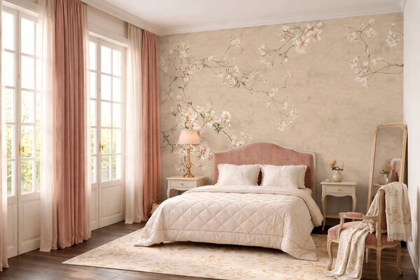 Tapet Ramuri florale în stil chinoiserie pe un fundal bej cald, Fototapet în stil vintage, w05427v2 : Uwalls.ro