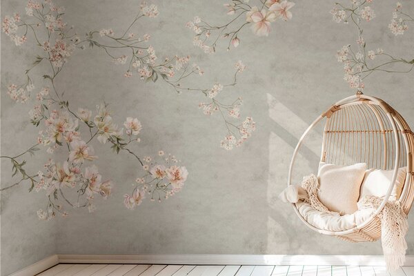 Tapet Ramuri florale în stil chinoiserie pe fundal gri, Fototapet în stil vintage, w05427v1 : Uwalls.ro