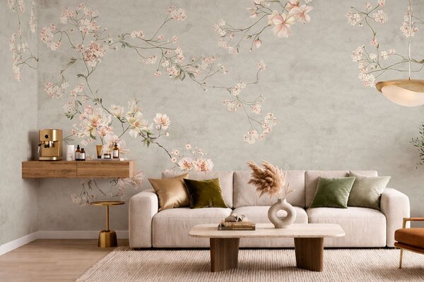 Tapet Ramuri florale în stil chinoiserie pe fundal gri, Fototapet în stil vintage, w05427v1 : Uwalls.ro
