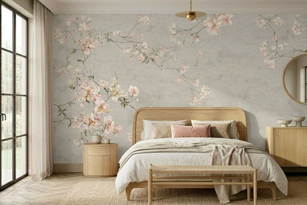 Tapet Ramuri florale în stil chinoiserie pe fundal gri, Fototapet în stil vintage, w05427v1 : Uwalls.ro