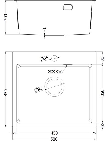 Chiuvetă Mexen Solix, din oțel inoxidabil cu 1 compartiment, 500 x 450 mm, oțel periat, 6402501000-01