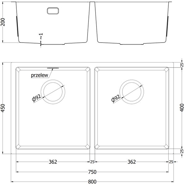 Chiuvetă Mexen Binox, din oțel inoxidabil cu 2 compartimente, 800 x 450 mm, neagră, model fagure, 6421802000-70HC