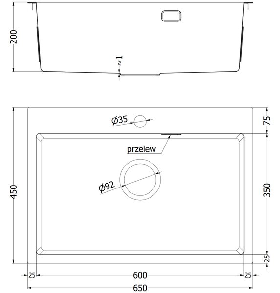 Chiuvetă Mexen Solix, din oțel inoxidabil cu 1 compartiment, 650 x 450 mm, oțel periat, 6403651000-01