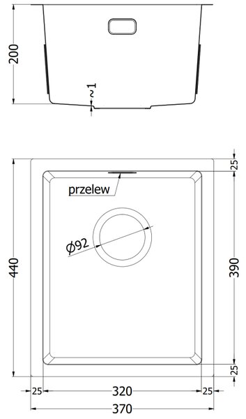 Chiuvetă Mexen Trixo, din oțel inoxidabil cu 1 compartiment, 370 x 440 mm, neagră, 6412371000-70