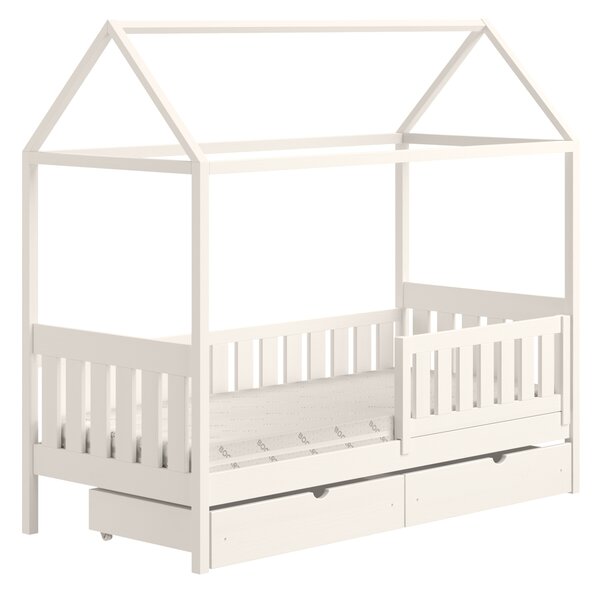 Pat supraetajat tip căsuță Nemos II pentru copii 80x180 cu sertare - culoare alb