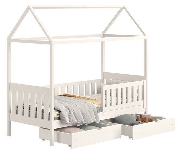 Pat supraetajat tip căsuță Nemos II pentru copii 80x180 cu sertare - culoare alb