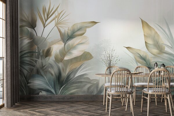 Tapet Frunze tropicale mari, cu textură, în nuanțe discrete de verde și bej, într-un decor de junglă, Fototapet Acuarelă, w09820 : Uwalls.ro