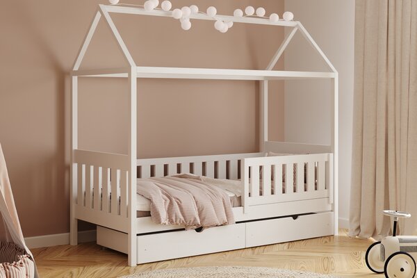 Pat supraetajat tip căsuță Nemos II pentru copii 80x180 cu sertare - culoare alb