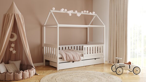 Pat supraetajat tip căsuță Nemos II pentru copii 80x180 cu sertare - culoare alb