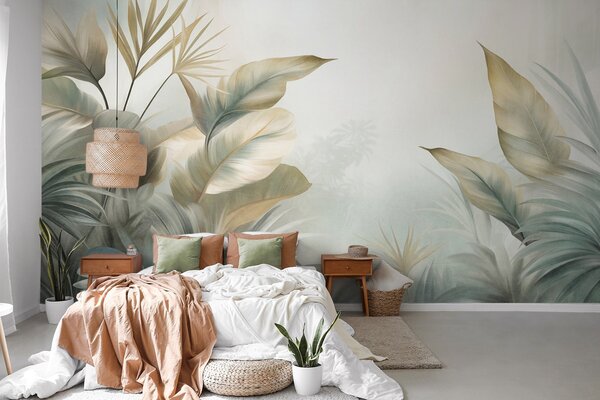 Tapet Frunze tropicale mari, cu textură, în nuanțe discrete de verde și bej, într-un decor de junglă, Fototapet Acuarelă, w09820 : Uwalls.ro