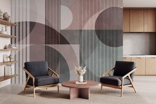 Tapet Forme geometrice abstracte compuse din cercuri și linii, în nuanțe discrete, cu textură, într-o, Fototapet Geometrie, w09834v1 : Uwalls.ro