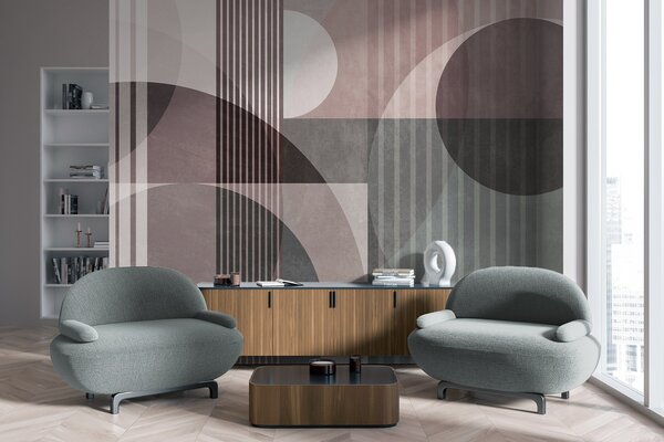 Tapet Forme geometrice abstracte compuse din cercuri și linii, în nuanțe discrete, cu textură, într-o, Fototapet Geometrie, w09834v1 : Uwalls.ro