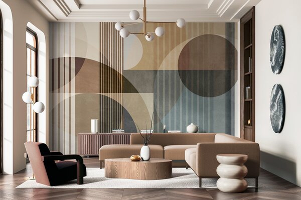 Tapet Forme geometrice abstracte compuse din cercuri și linii, în nuanțe discrete de pământ, cu textură,, Fototapet Geometrie, w09834 : Uwalls.ro