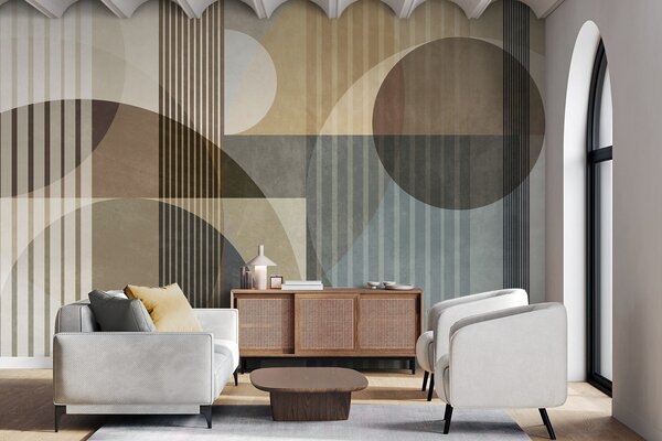 Tapet Forme geometrice abstracte compuse din cercuri și linii, în nuanțe discrete de pământ, cu textură,, Fototapet Geometrie, w09834 : Uwalls.ro