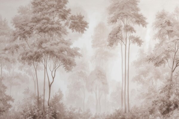 Tapet Peisaj forestier abstract în nuanțe de bej fumuriu, cu un efect de profunzime, Fototapet Natură, w09657 : Uwalls.ro