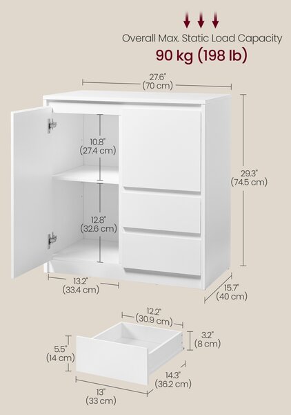 Dulap de depozitare cu 3 usi Kailyn, Alb, 70x40x74.5 cm