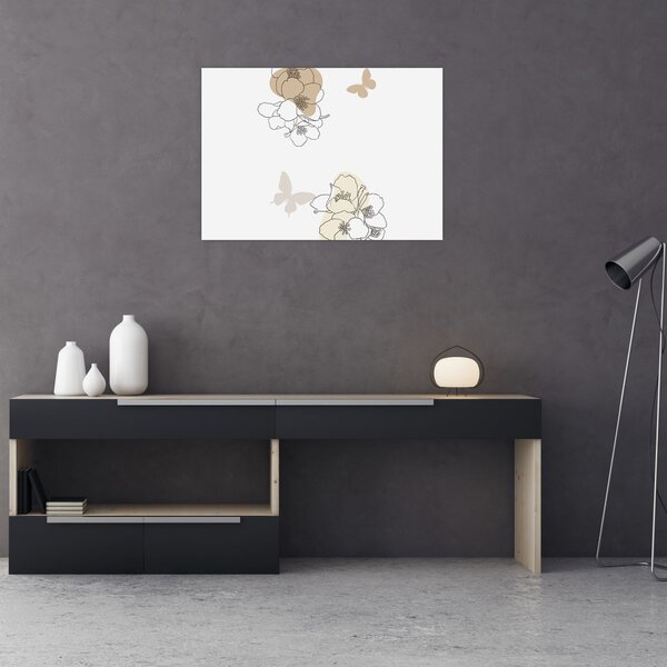 Tablou - Flori bej cu fluture N⁰2 (70x50 cm)