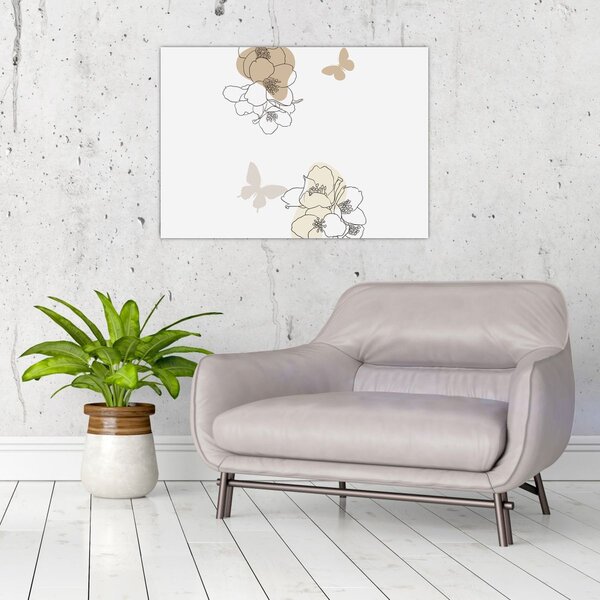 Tablou - Flori bej cu fluture N⁰2 (70x50 cm)