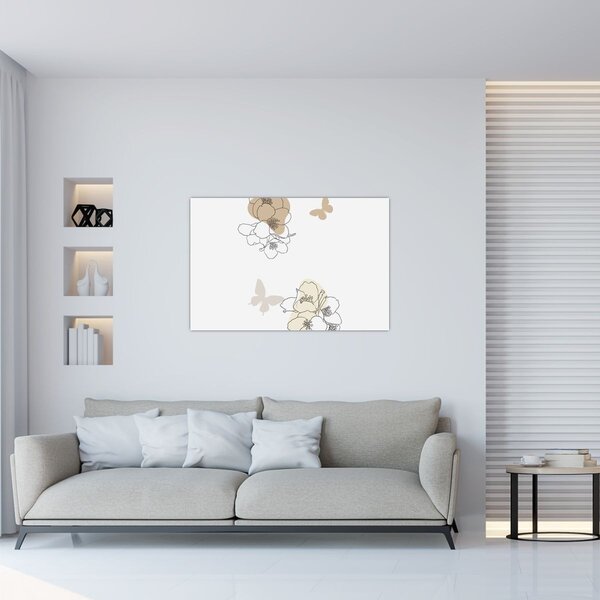 Tablou - Flori bej cu fluture N⁰2 (90x60 cm)