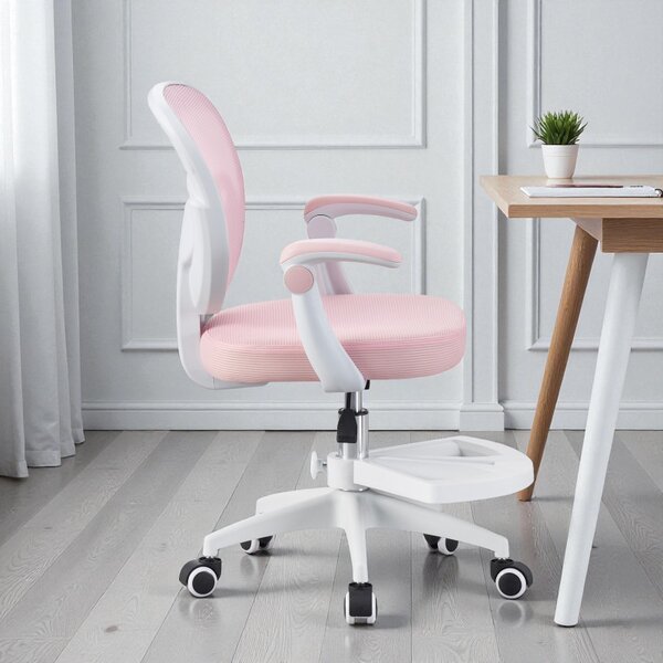 Scaun ergonomic de birou pentru copii si adolescenti, mesh roz, reglabil pe inaltime 78-90 cm, suport picioare