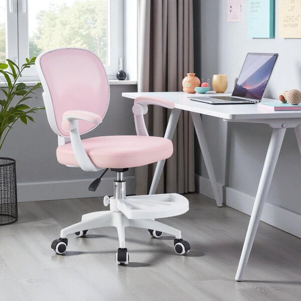 Scaun ergonomic de birou pentru copii si adolescenti, mesh roz, reglabil pe inaltime 78-90 cm, suport picioare