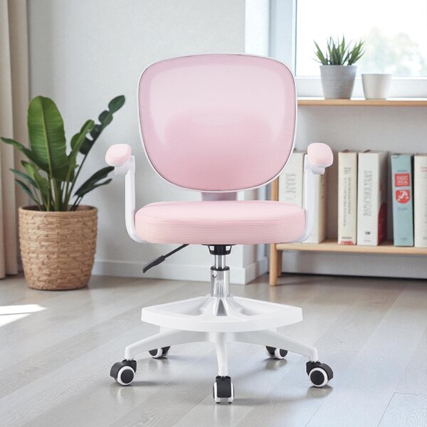 Scaun ergonomic de birou pentru copii si adolescenti, mesh roz, reglabil pe inaltime 78-90 cm, suport picioare