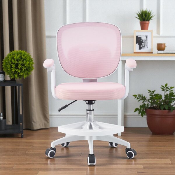 Scaun ergonomic de birou pentru copii si adolescenti, mesh roz, reglabil pe inaltime 78-90 cm, suport picioare