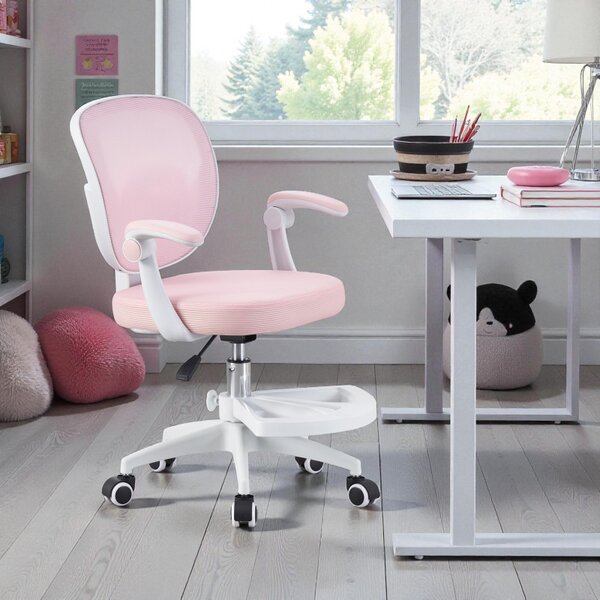 Scaun ergonomic de birou pentru copii si adolescenti, mesh roz, reglabil pe inaltime 78-90 cm, suport picioare