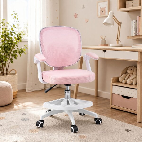 Scaun ergonomic de birou pentru copii si adolescenti, mesh roz, reglabil pe inaltime 78-90 cm, suport picioare
