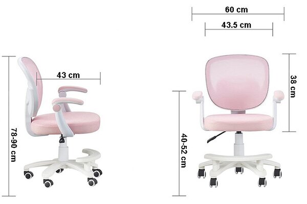 Scaun ergonomic de birou pentru copii si adolescenti, mesh roz, reglabil pe inaltime 78-90 cm, suport picioare