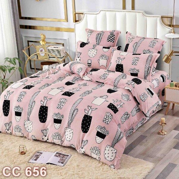 Lenjerie de pat, Cocolino, 2 persoane, 6 piese, roz , cu imprimeu cactusi, CC656