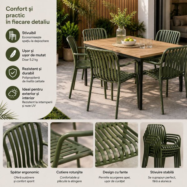 Scaun de gradina stivuibil cu brate, pentru terasa si balcon, 54x58.5x80.5 cm