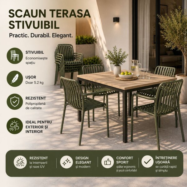 Scaun de gradina stivuibil cu brate, pentru terasa si balcon, 54x58.5x80.5 cm