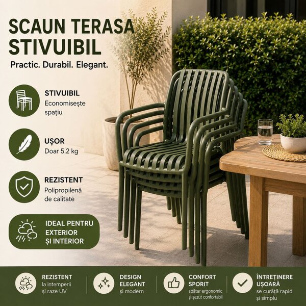 Scaun de gradina stivuibil cu brate, pentru terasa si balcon, 54x58.5x80.5 cm