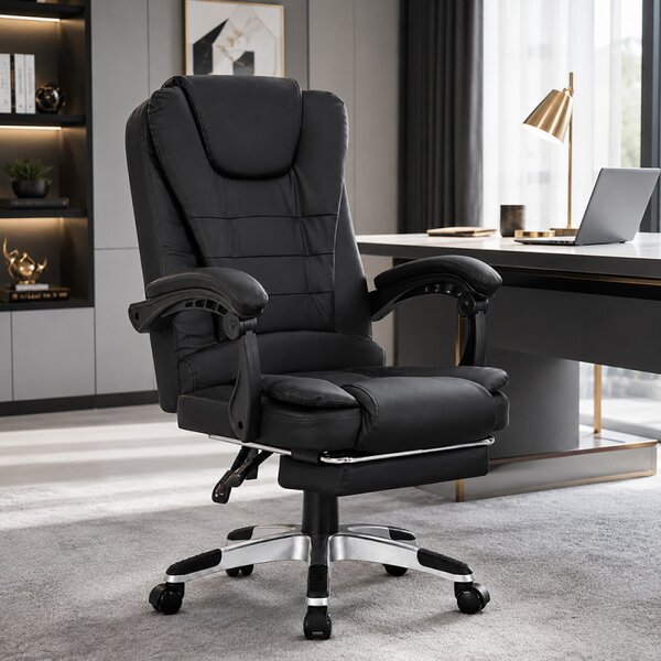 Scaun de birou cu 2 zone de masaj, suport picioare retractabil, spatar inclinabil, piele eco