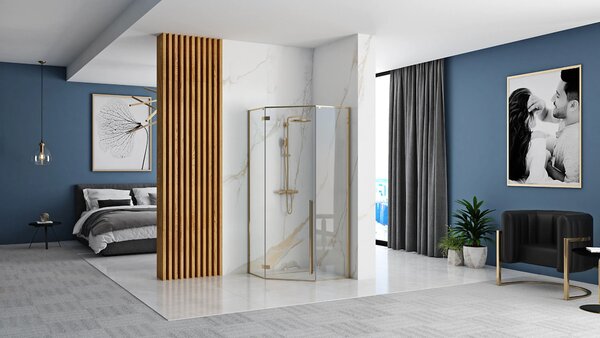 Rea Diamond Gold, cabină de duș pentagonală 100 x 100 cm, sticlă transparentă de 6 mm, auriu strălucitor, REA-K6616