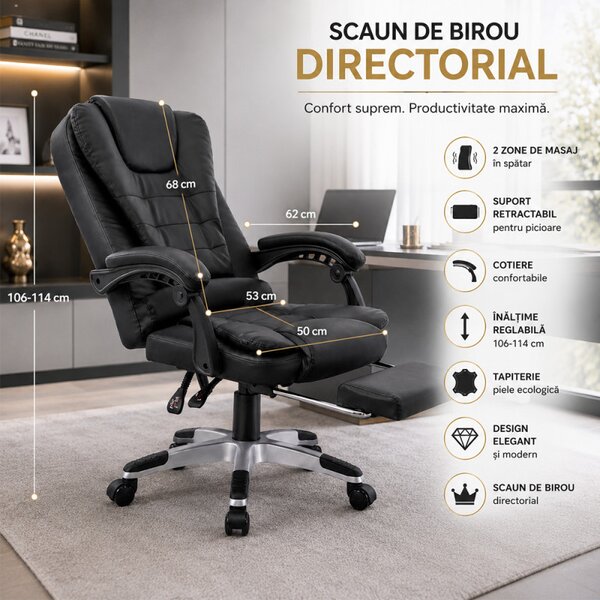 Scaun de birou cu 2 zone de masaj, suport picioare retractabil, spatar inclinabil, piele eco