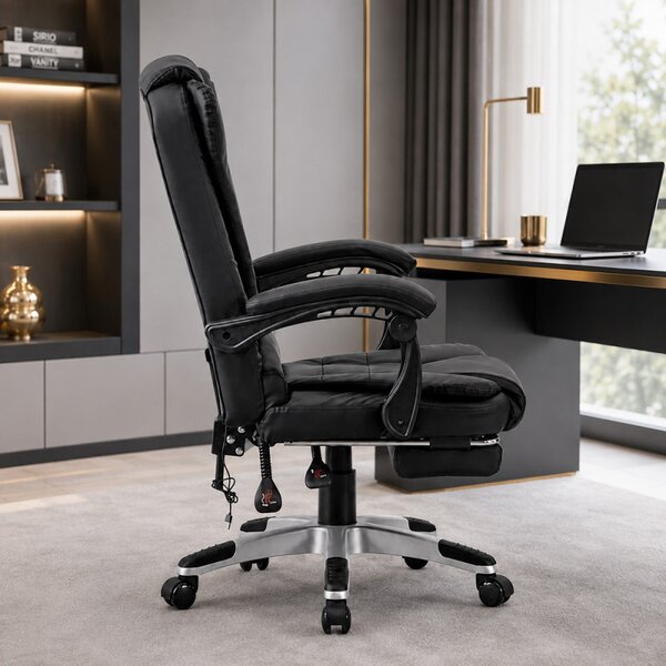 Scaun de birou cu 2 zone de masaj, suport picioare retractabil, spatar inclinabil, piele eco